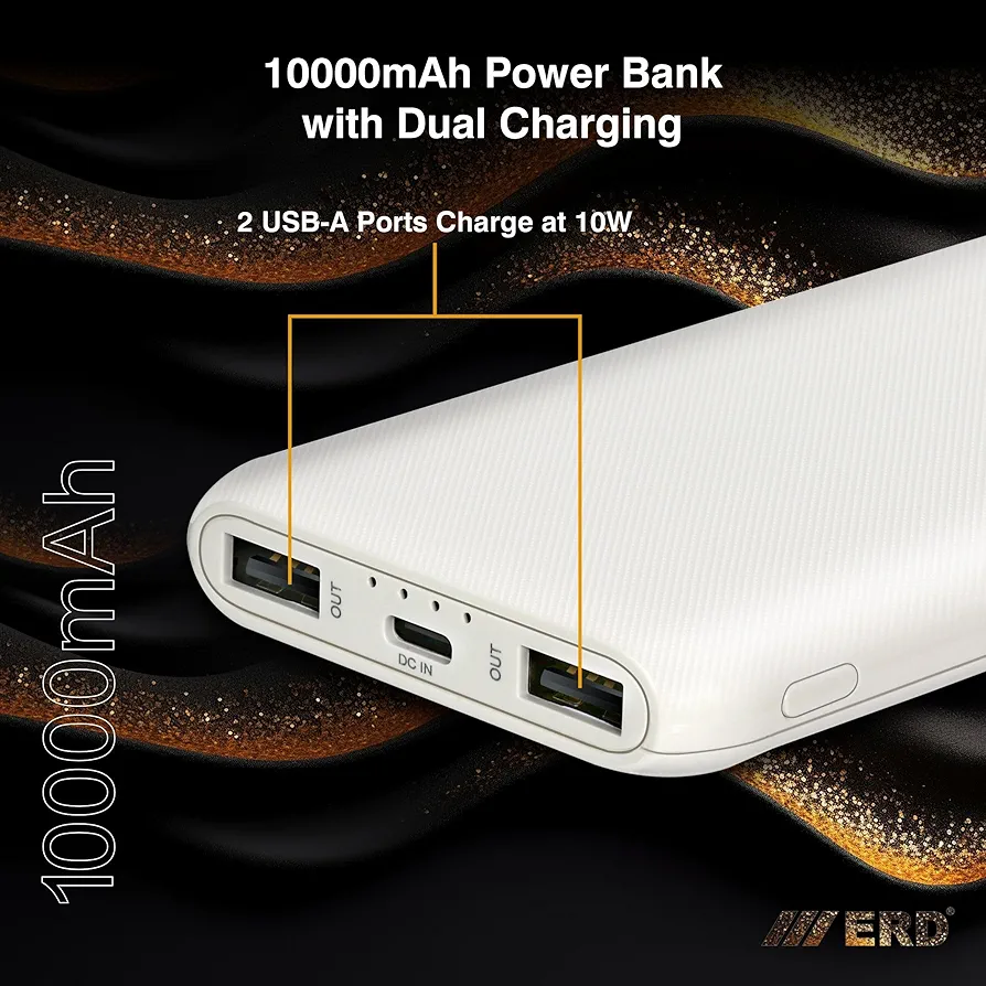 ERD PB-10KE Lithium-Polymer, 2 USB Output, 12W Power Bank, 10000mAh Type-C and Micro USB Input Ports