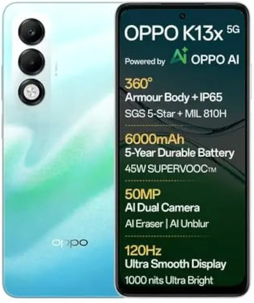 OPPO K13x 5G 6000mAh and 45W SUPERVOOC Charger & AI (Breeze Blue, 128 GB) (6 GB RAM) Amazon's Choice