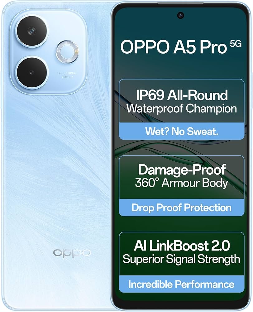 OPPO A5 Pro 5G (Feather Blue, 8GB RAM, 128GB Storage)|6.67” HD+ 120Hz Refresh Rate Screen | 45W SUPE