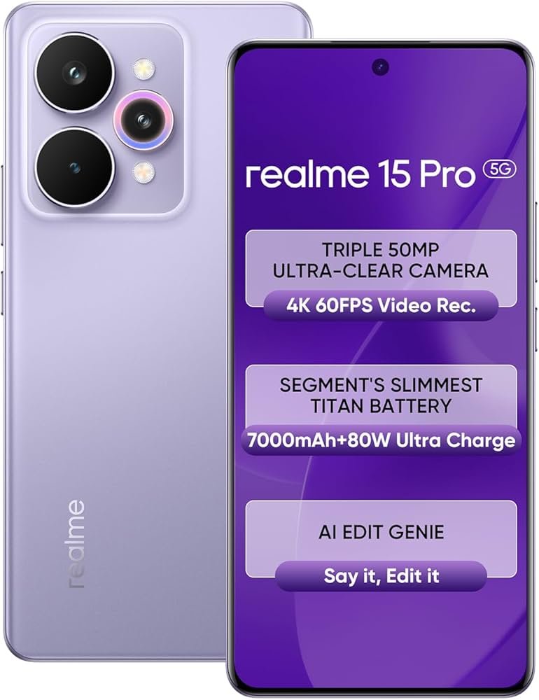 realme 15 Pro 5G Smartphone 12+256GB Purple,4K 60FPS,144Hz HyperGlow 4D Curve Display