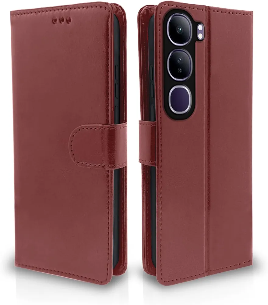 Vivo y300 Flip Cover Leather Finish | Inside TPU with Card Pockets | Wallet Stand and Shock Proof | 