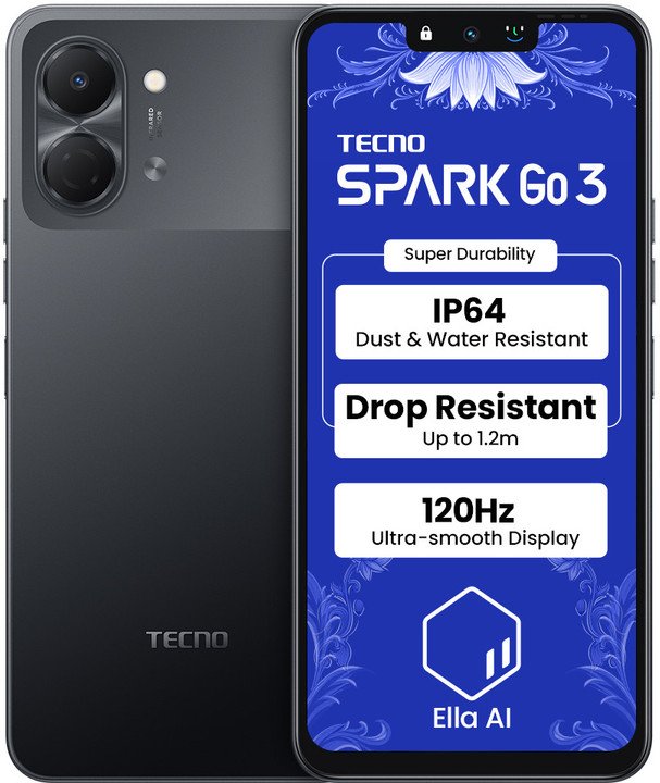 Tecno Spark GO 3 (Ink Black, 4GB+64GB | Super Durability Drop Resistant & IP64 Rated | Make Calls Wi