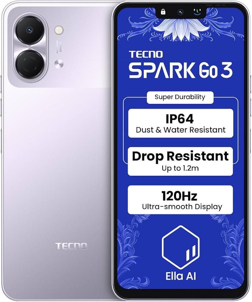 Tecno Spark GO 3 (Aurora Purple, 4GB+64GB | Super Durability Drop Resistant & IP64 Rated| Make Calls