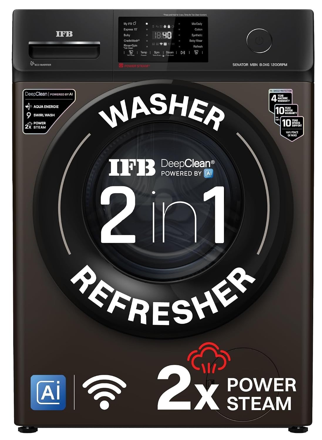 IFB 8 Kg 5 Star, DeepClean® Technology, AI Powered, WiFi, Fully Automatic Front Load Washing Machine (SENATOR MBN 8012 CMS, PowerSteam®, 9 Swirl, Steam Refresh, Inbuilt Heater, Eco Inverter, Mocha)