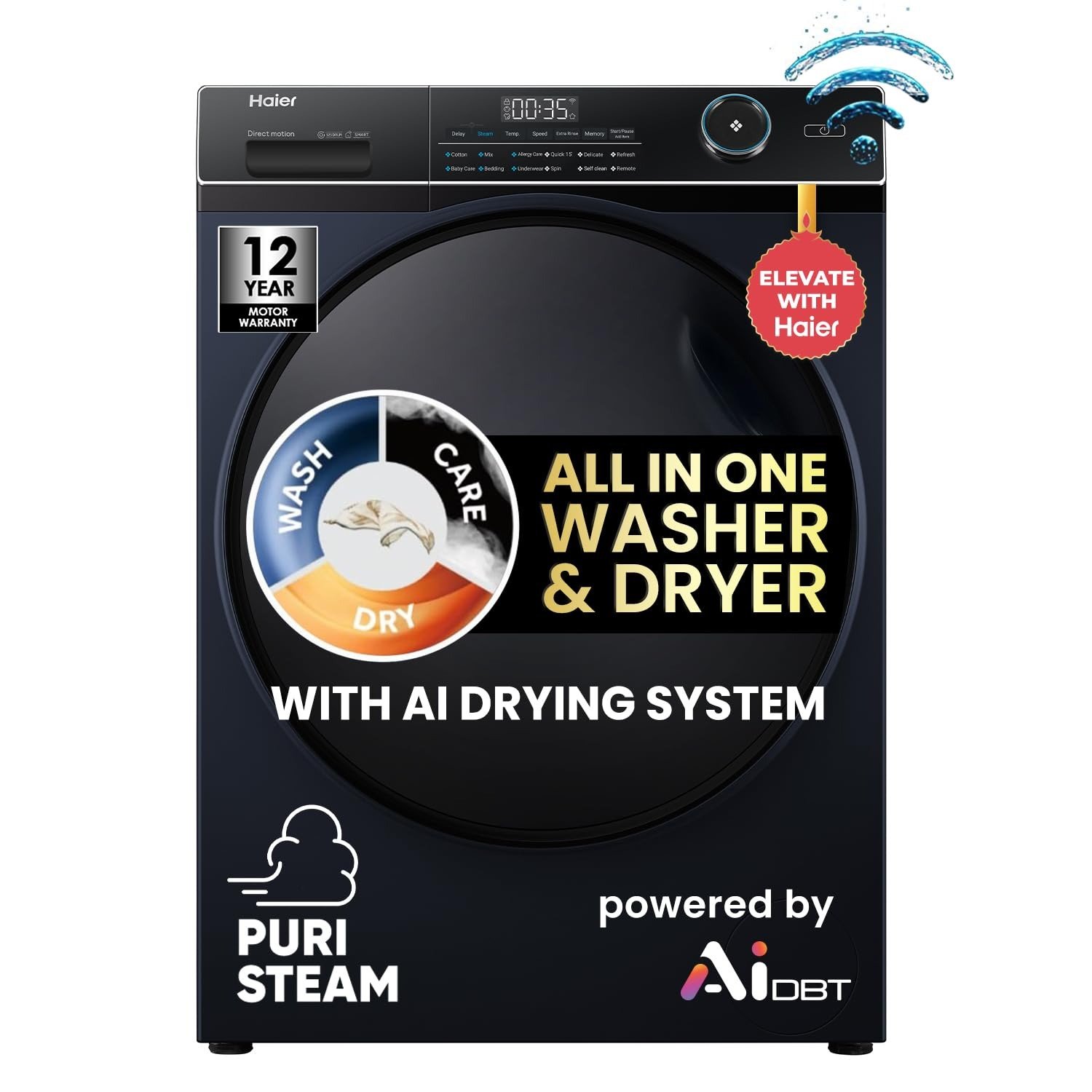 Haier 11Kg 5 Star, AI Smart Wash with PuriSteam & i-Refresh, Direct Motion Motor, WiFi, 525 mm Super Drum, Inbuilt Heater, Fully Automatic Front Load Washer & Dryer (EFLD110-DM14IEICBKU1 | Black)